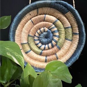 Elegant Spiral Woven Wall Art in Blue and Tan